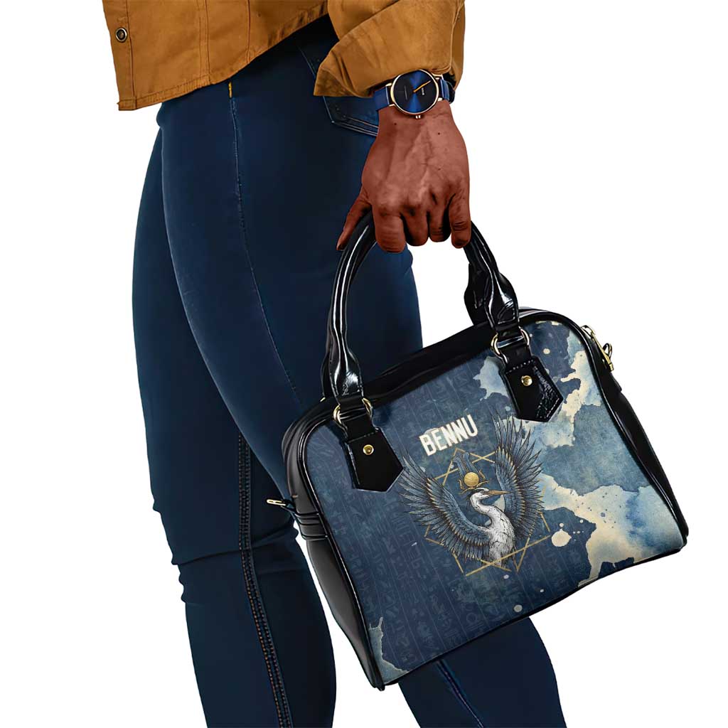 Bennu Ancient Egyptian Shoulder Handbag with Deep Blue Ink Wash, Winged Bennu Bird and Soul of Ra - African Pride