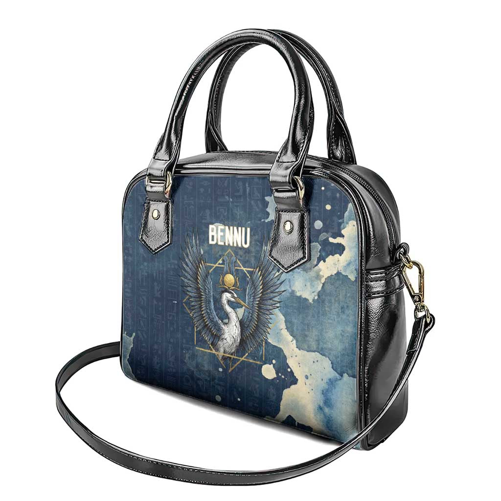 Bennu Ancient Egyptian Shoulder Handbag with Deep Blue Ink Wash, Winged Bennu Bird and Soul of Ra - African Pride