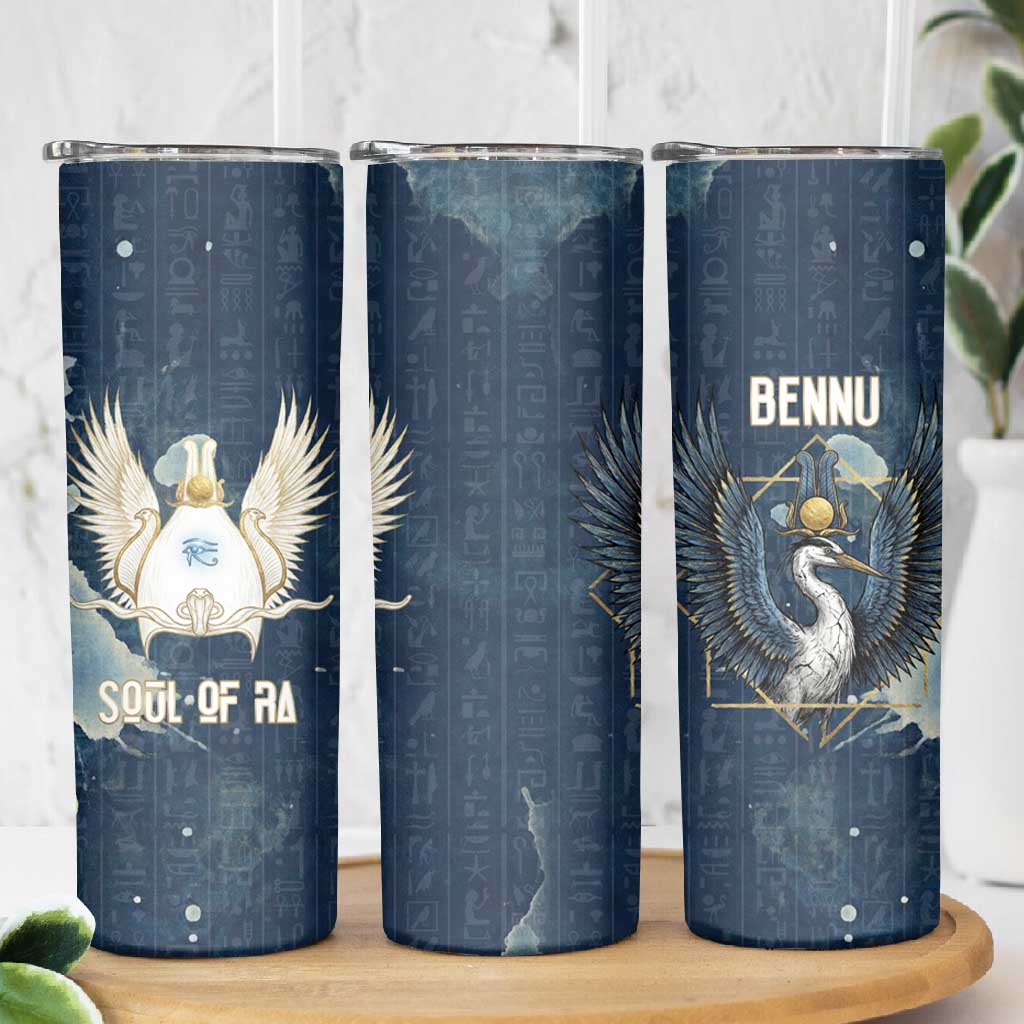Bennu Ancient Egyptian Skinny Tumbler with Deep Blue Ink Wash, Winged Bennu Bird and Soul of Ra - African Pride