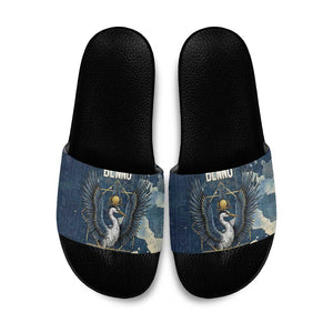 Bennu Ancient Egyptian Slide Sandals with Deep Blue Ink Wash, Winged Bennu Bird and Soul of Ra - African Pride