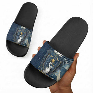 Bennu Ancient Egyptian Slide Sandals with Deep Blue Ink Wash, Winged Bennu Bird and Soul of Ra - African Pride