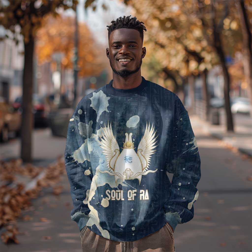 Bennu Ancient Egyptian Sweatshirt with Deep Blue Ink Wash, Winged Bennu Bird and Soul of Ra - African Pride