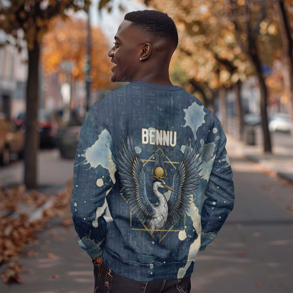 Bennu Ancient Egyptian Sweatshirt with Deep Blue Ink Wash, Winged Bennu Bird and Soul of Ra - African Pride