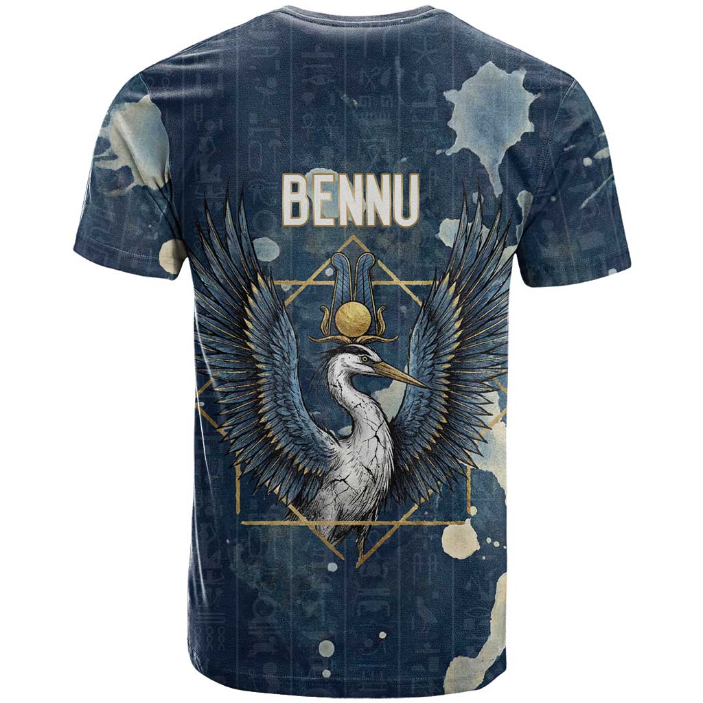 Bennu Ancient Egyptian T shirt with Deep Blue Ink Wash, Winged Bennu Bird and Soul of Ra - African Pride