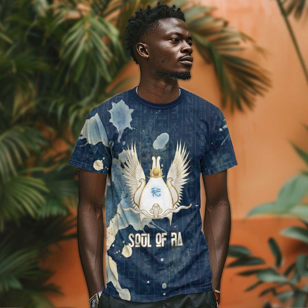 Bennu Ancient Egyptian T shirt with Deep Blue Ink Wash, Winged Bennu Bird and Soul of Ra - African Pride
