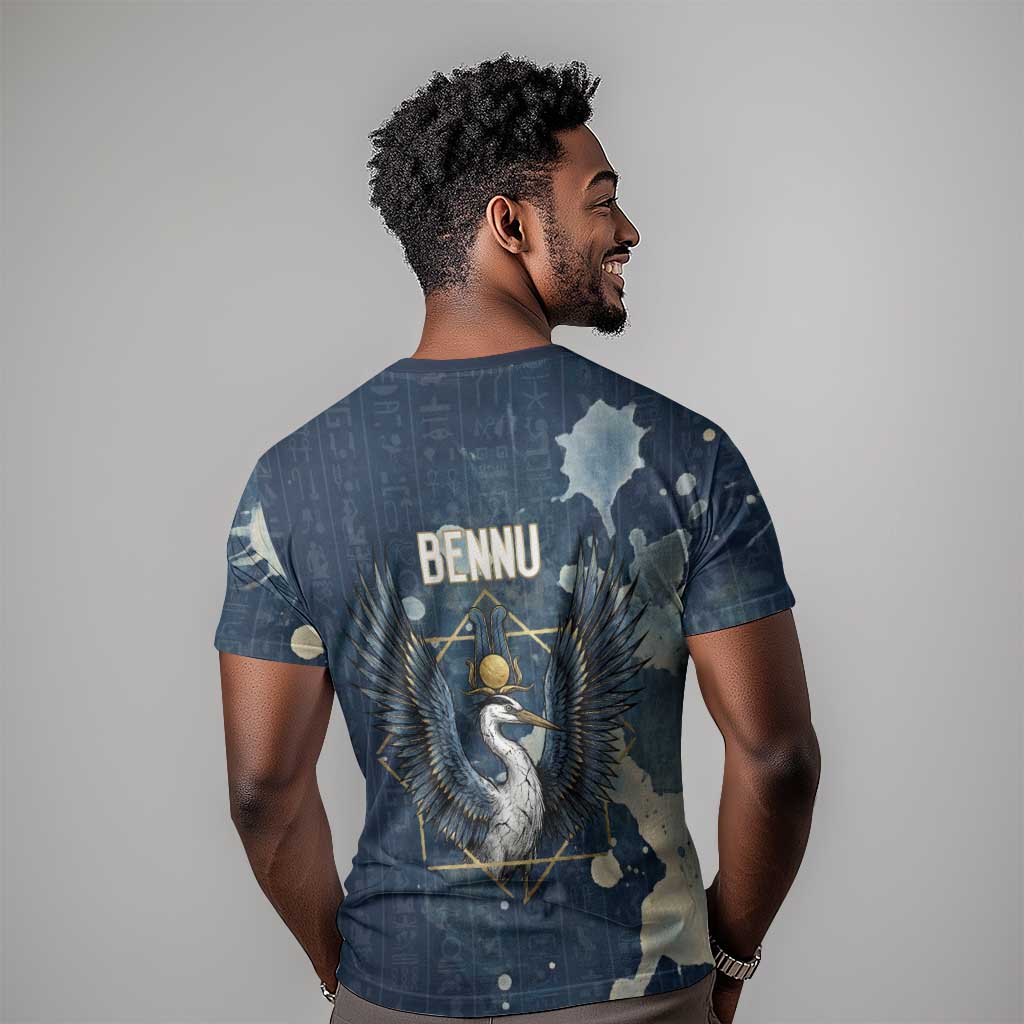 Bennu Ancient Egyptian T shirt with Deep Blue Ink Wash, Winged Bennu Bird and Soul of Ra - African Pride