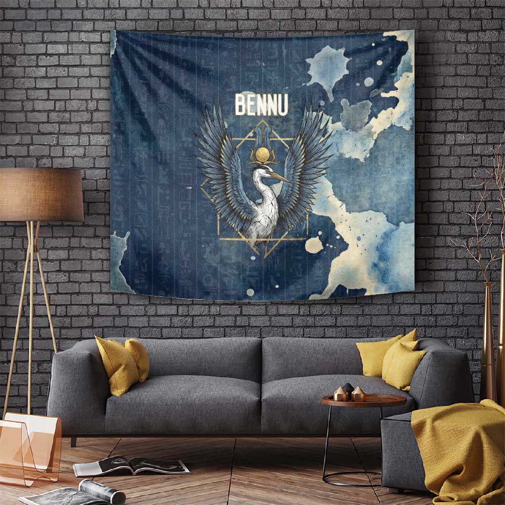 Bennu Ancient Egyptian Tapestry with Deep Blue Ink Wash, Winged Bennu Bird and Soul of Ra - African Pride