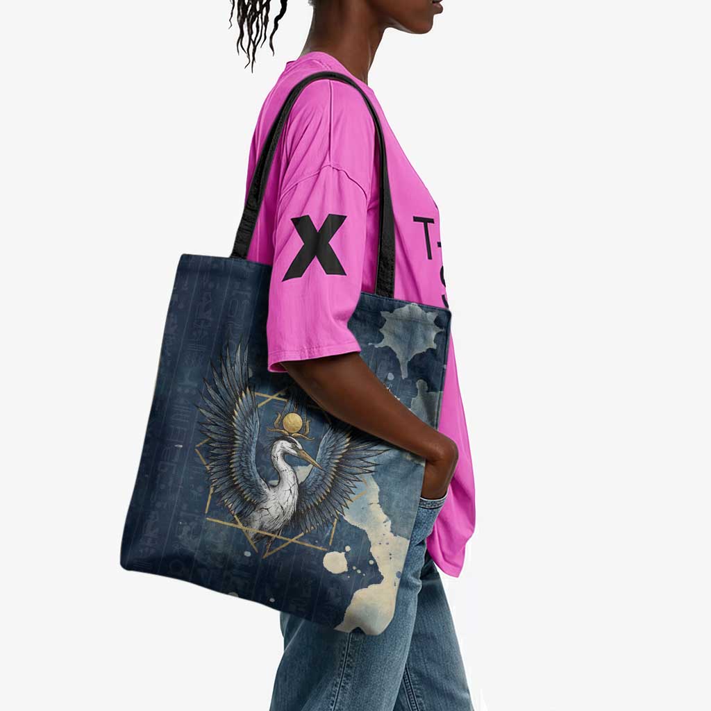 Bennu Ancient Egyptian Tote Bag with Deep Blue Ink Wash, Winged Bennu Bird and Soul of Ra - African Pride