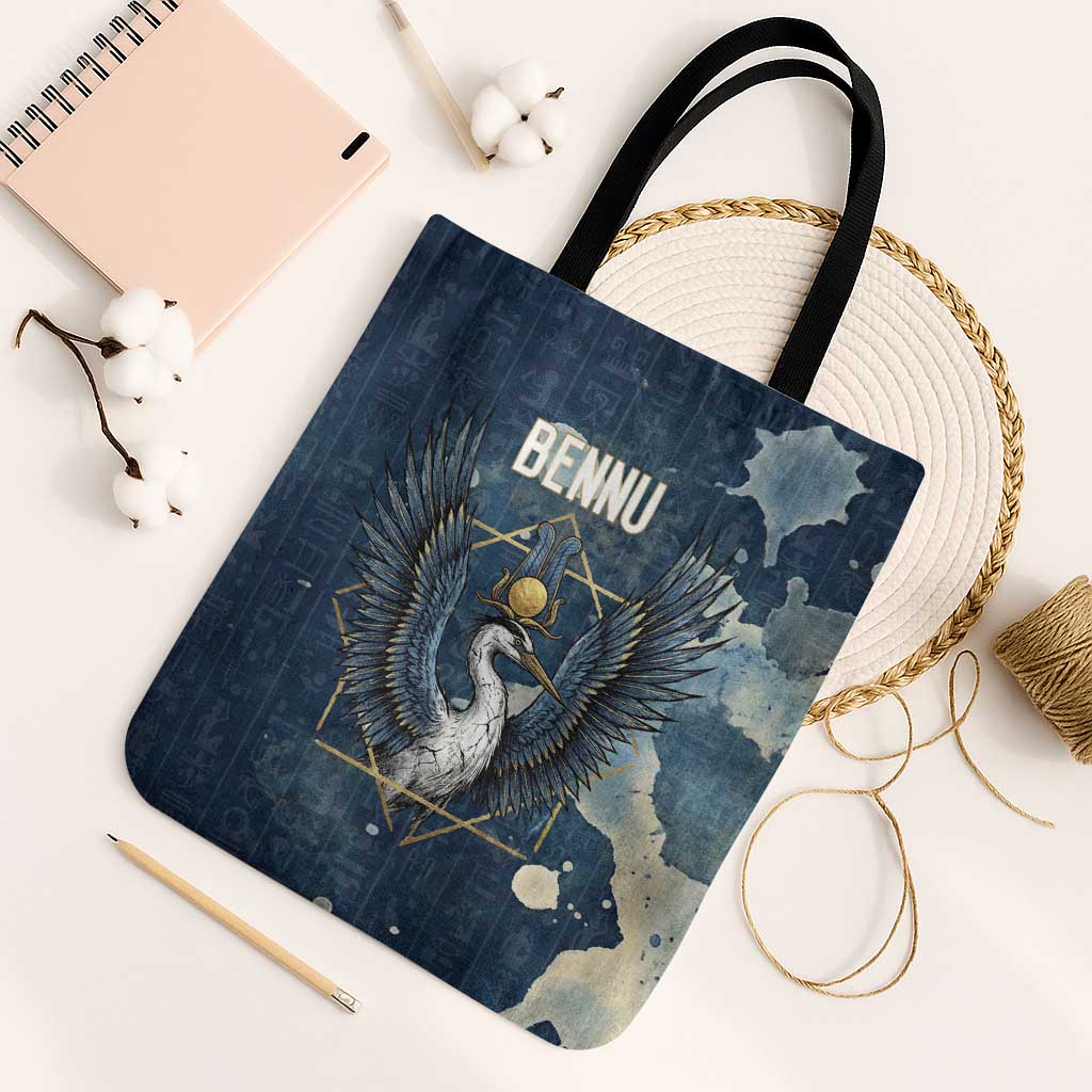 Bennu Ancient Egyptian Tote Bag with Deep Blue Ink Wash, Winged Bennu Bird and Soul of Ra - African Pride