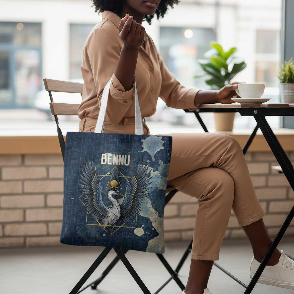 Bennu Ancient Egyptian Tote Bag with Deep Blue Ink Wash, Winged Bennu Bird and Soul of Ra - African Pride