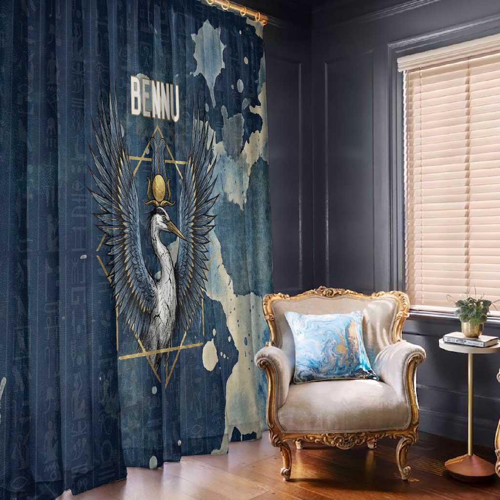 Bennu Ancient Egyptian Window Curtain with Deep Blue Ink Wash, Winged Bennu Bird and Soul of Ra - African Pride