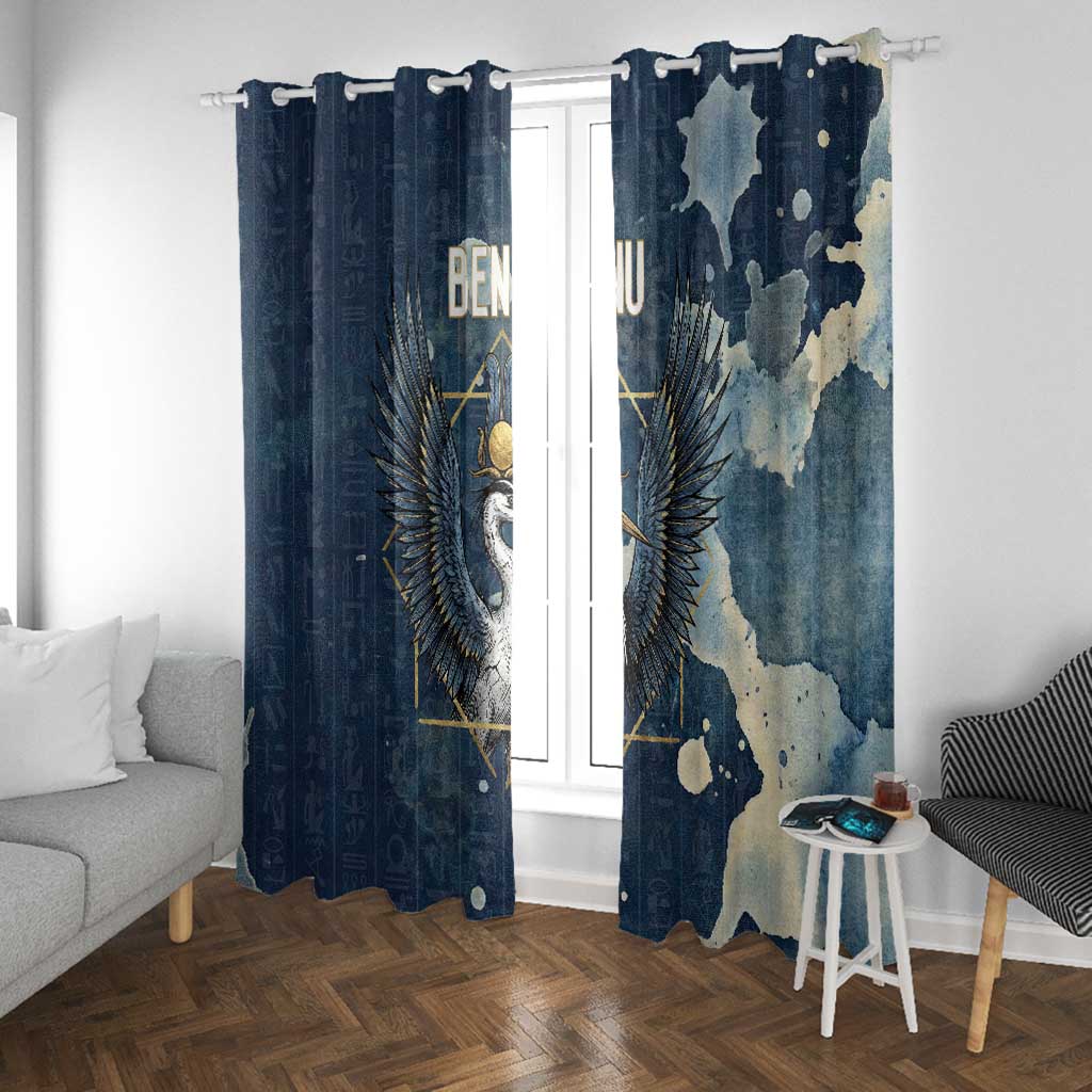 Bennu Ancient Egyptian Window Curtain with Deep Blue Ink Wash, Winged Bennu Bird and Soul of Ra - African Pride
