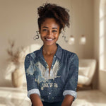 Bennu Ancient Egyptian Women Casual Shirt with Deep Blue Ink Wash, Winged Bennu Bird and Soul of Ra - African Pride