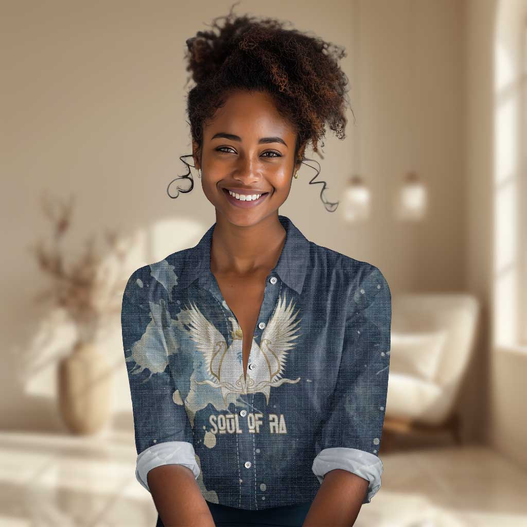Bennu Ancient Egyptian Women Casual Shirt with Deep Blue Ink Wash, Winged Bennu Bird and Soul of Ra - African Pride