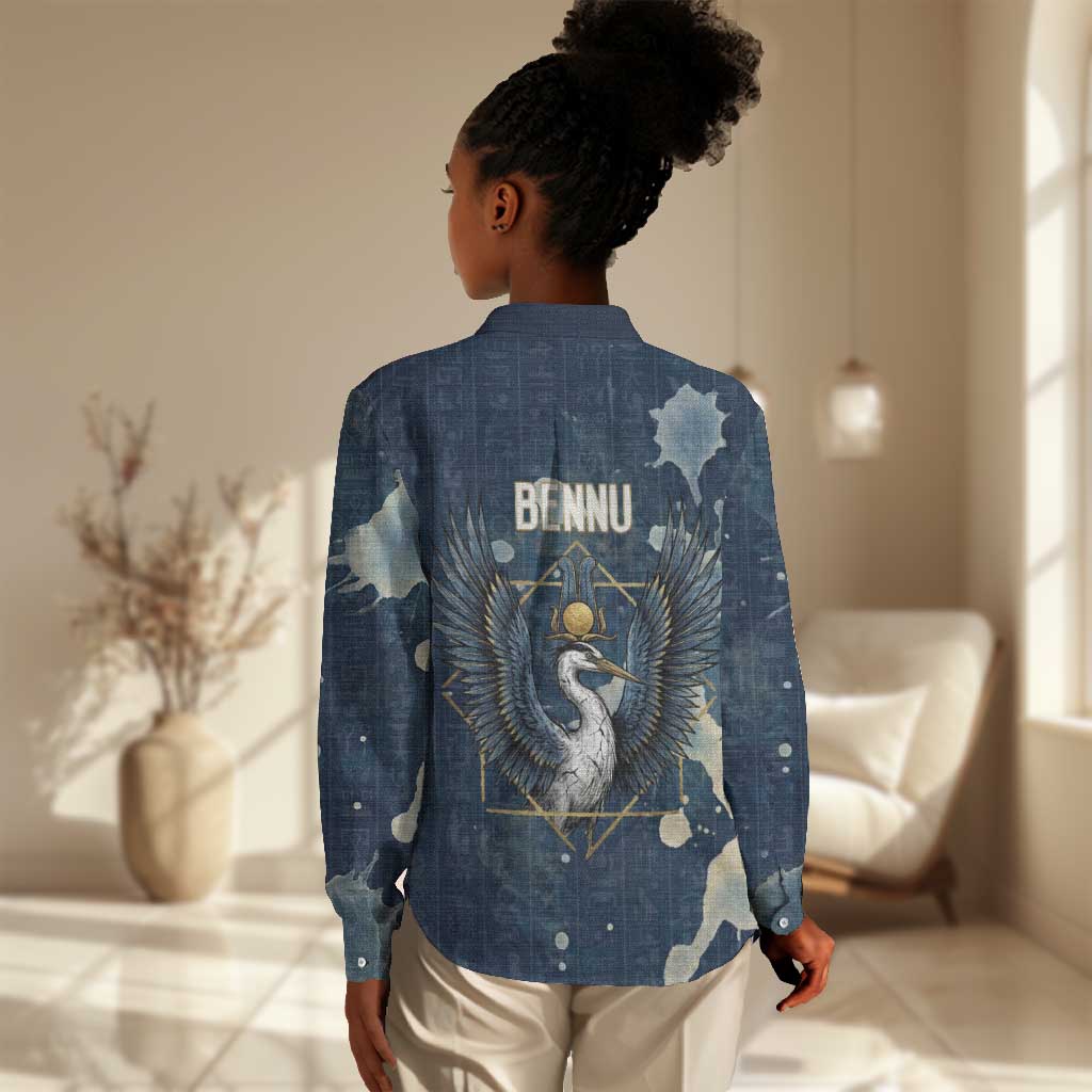 Bennu Ancient Egyptian Women Casual Shirt with Deep Blue Ink Wash, Winged Bennu Bird and Soul of Ra - African Pride