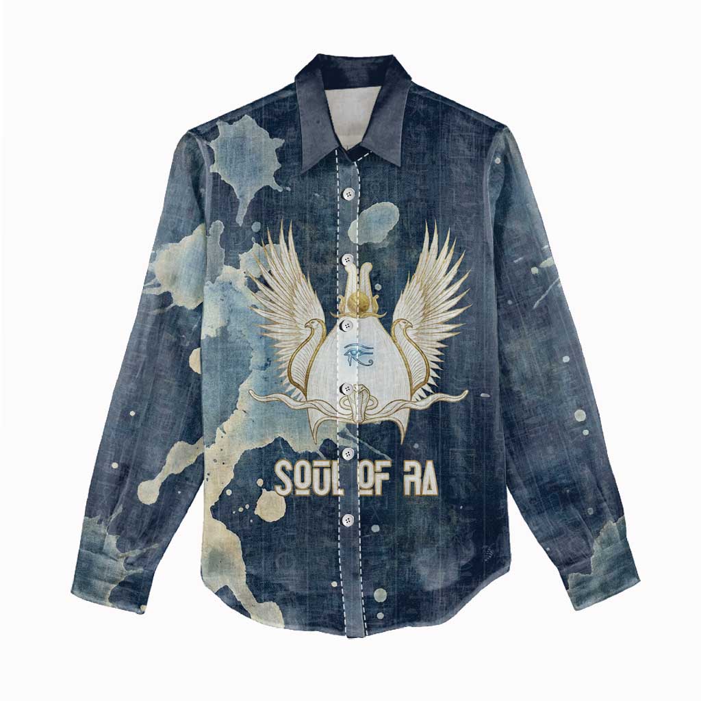 Bennu Ancient Egyptian Women Casual Shirt with Deep Blue Ink Wash, Winged Bennu Bird and Soul of Ra - African Pride