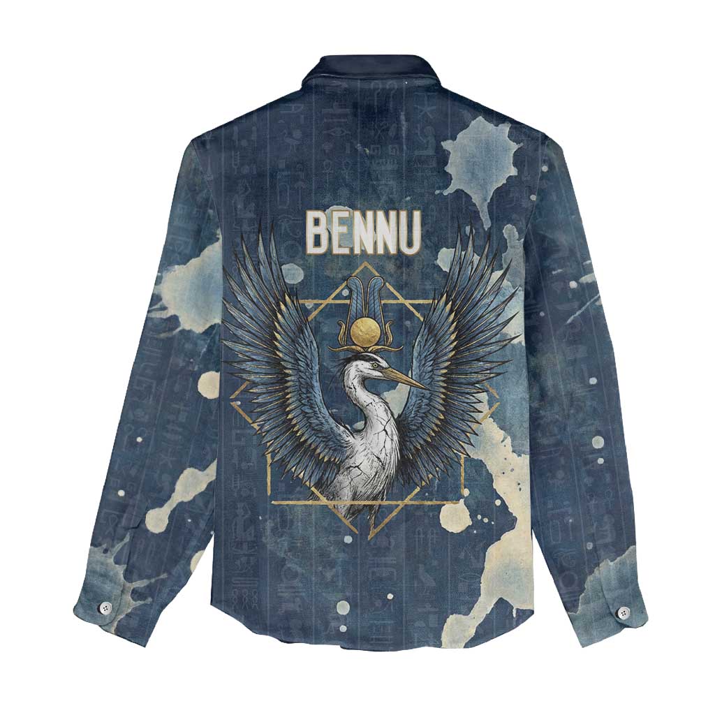 Bennu Ancient Egyptian Women Casual Shirt with Deep Blue Ink Wash, Winged Bennu Bird and Soul of Ra - African Pride