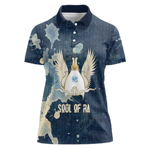 Bennu Ancient Egyptian Women Polo Shirt with Deep Blue Ink Wash, Winged Bennu Bird and Soul of Ra - African Pride