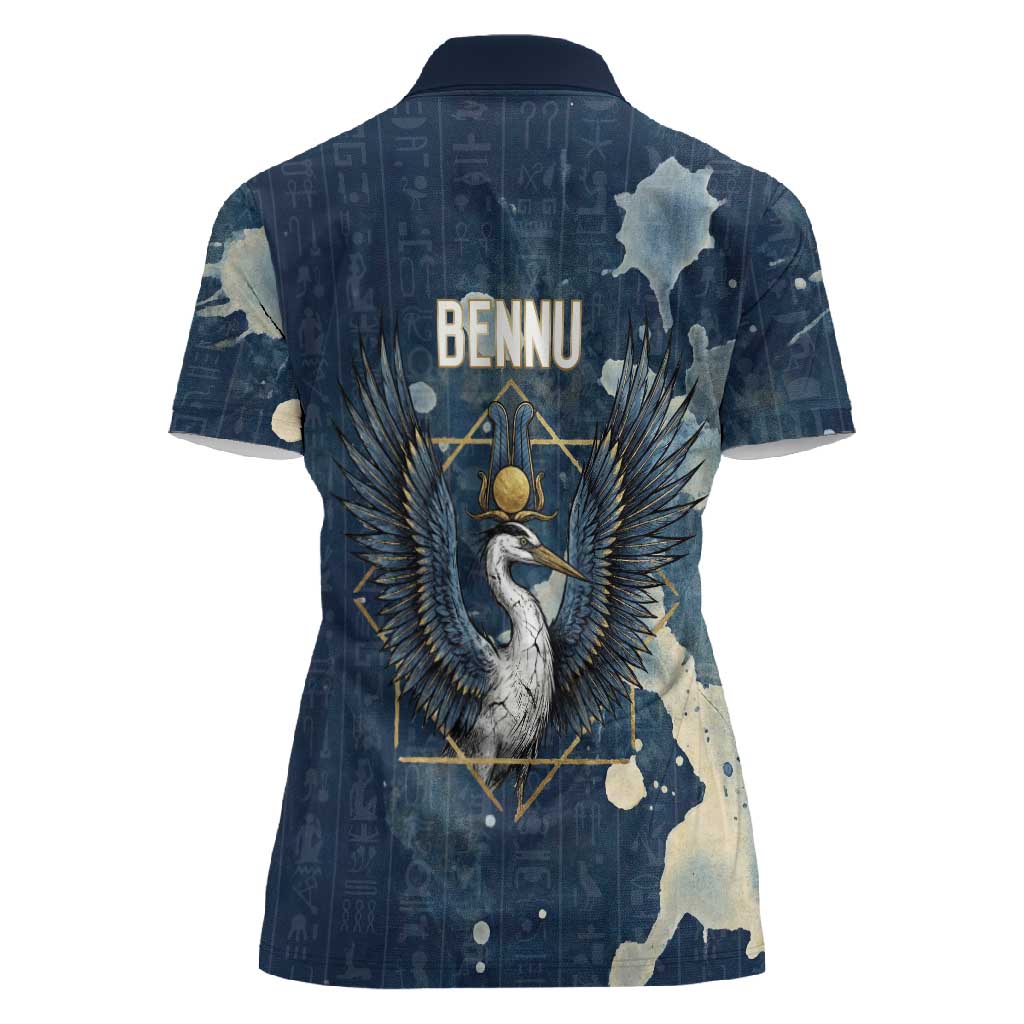 Bennu Ancient Egyptian Women Polo Shirt with Deep Blue Ink Wash, Winged Bennu Bird and Soul of Ra - African Pride