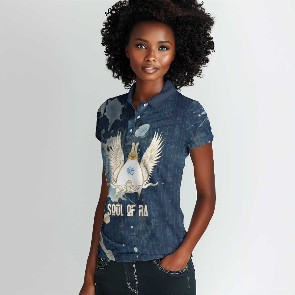 Bennu Ancient Egyptian Women Polo Shirt with Deep Blue Ink Wash, Winged Bennu Bird and Soul of Ra - African Pride