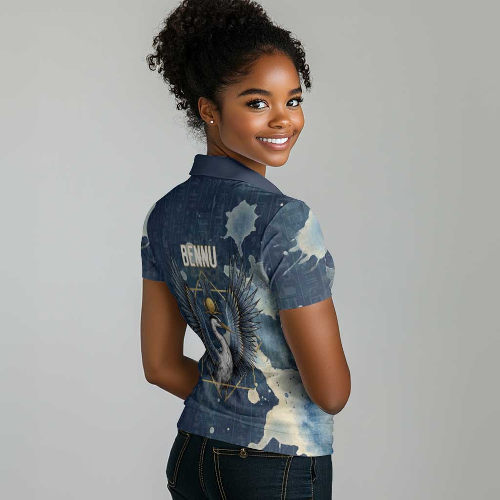 Bennu Ancient Egyptian Women Polo Shirt with Deep Blue Ink Wash, Winged Bennu Bird and Soul of Ra - African Pride