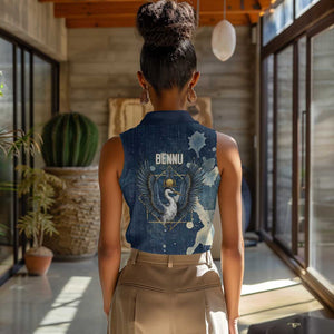 Bennu Ancient Egyptian Women Sleeveless Polo Shirt with Deep Blue Ink Wash, Winged Bennu Bird and Soul of Ra - African Pride