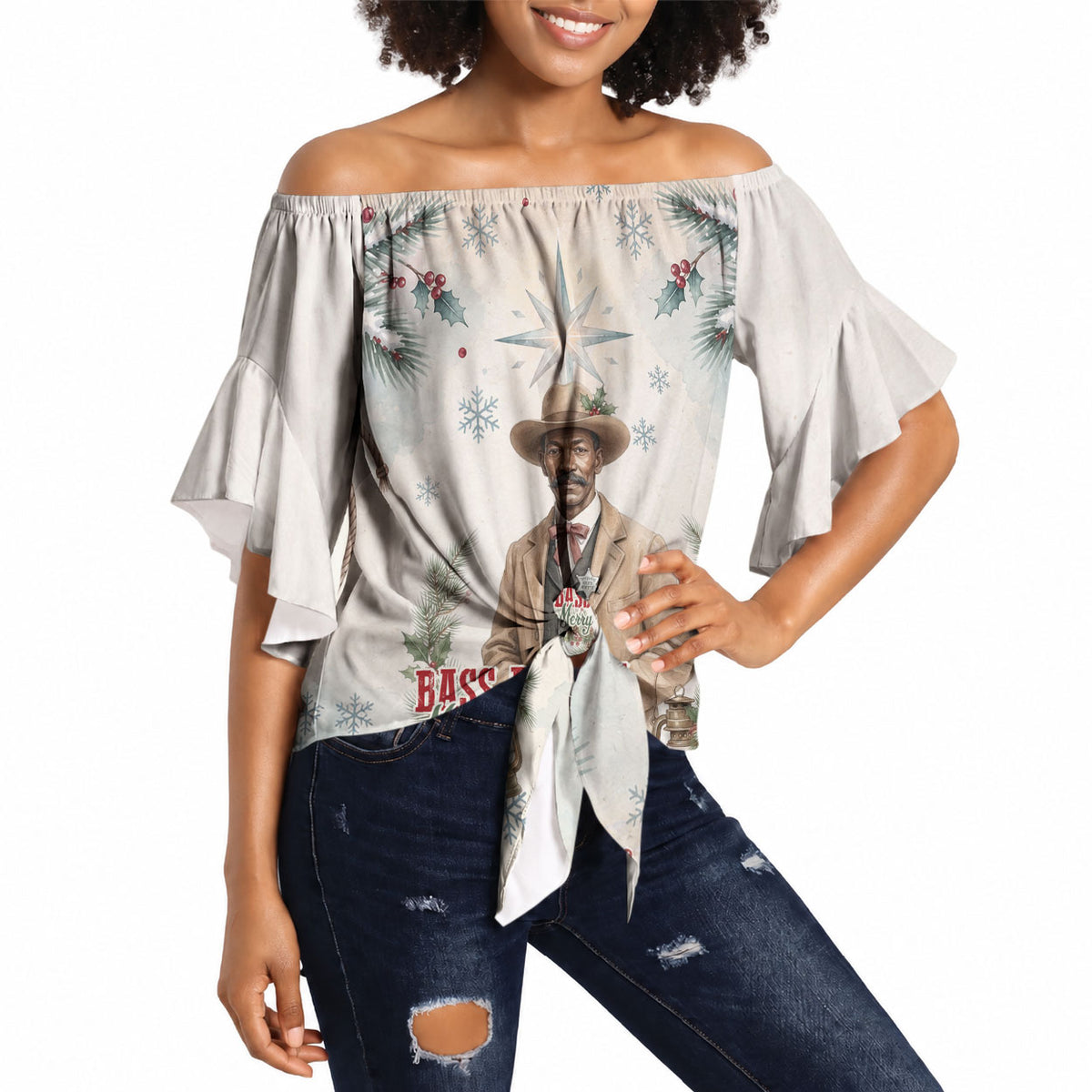 Bass Reeves Christmas Off Shoulder Wrap Waist Top Old West Deputy Lawman Pine Branch Winter Holiday