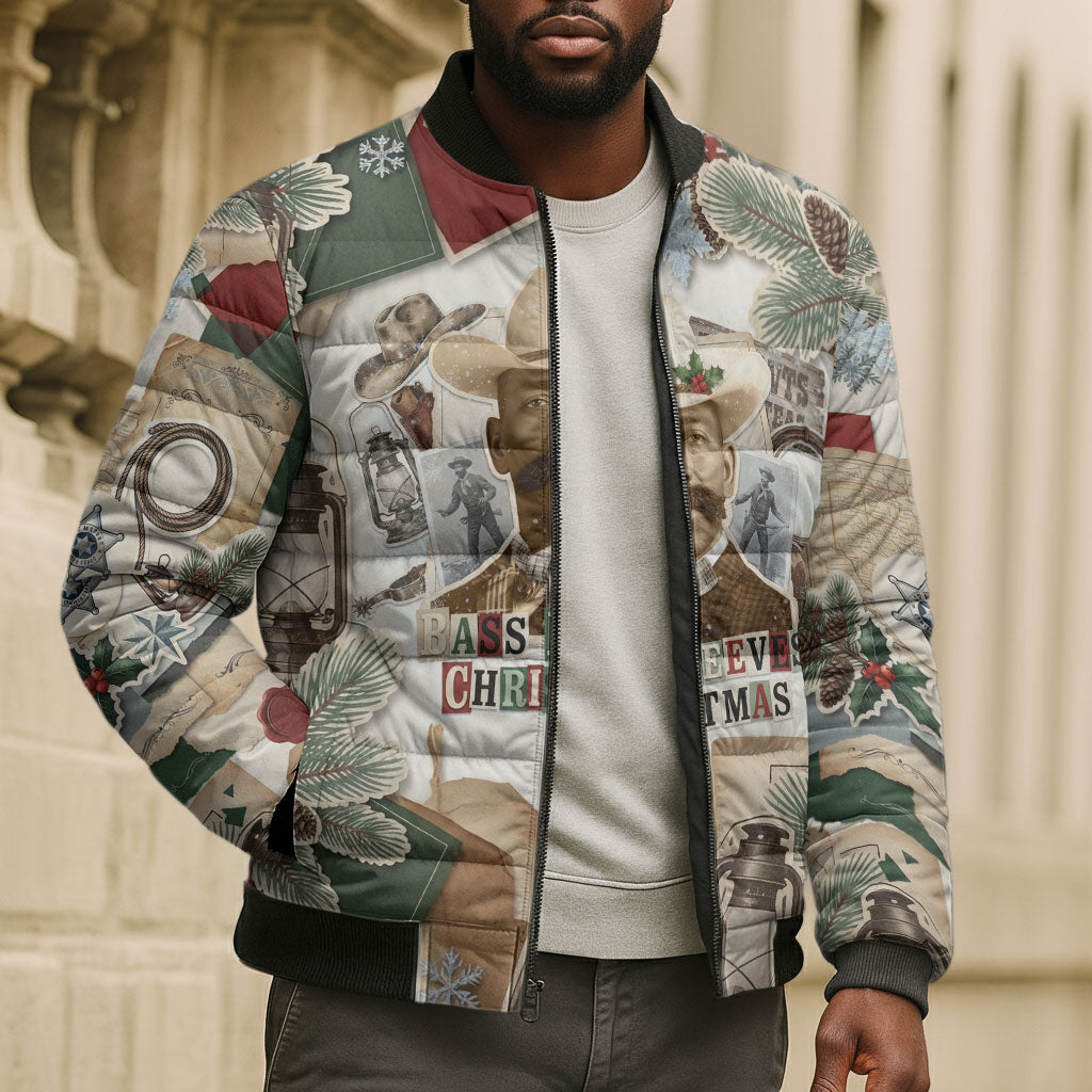 Bass Reeves Christmas Bomber Puffer Jacket Old West Marshal Frontier Collage Vintage