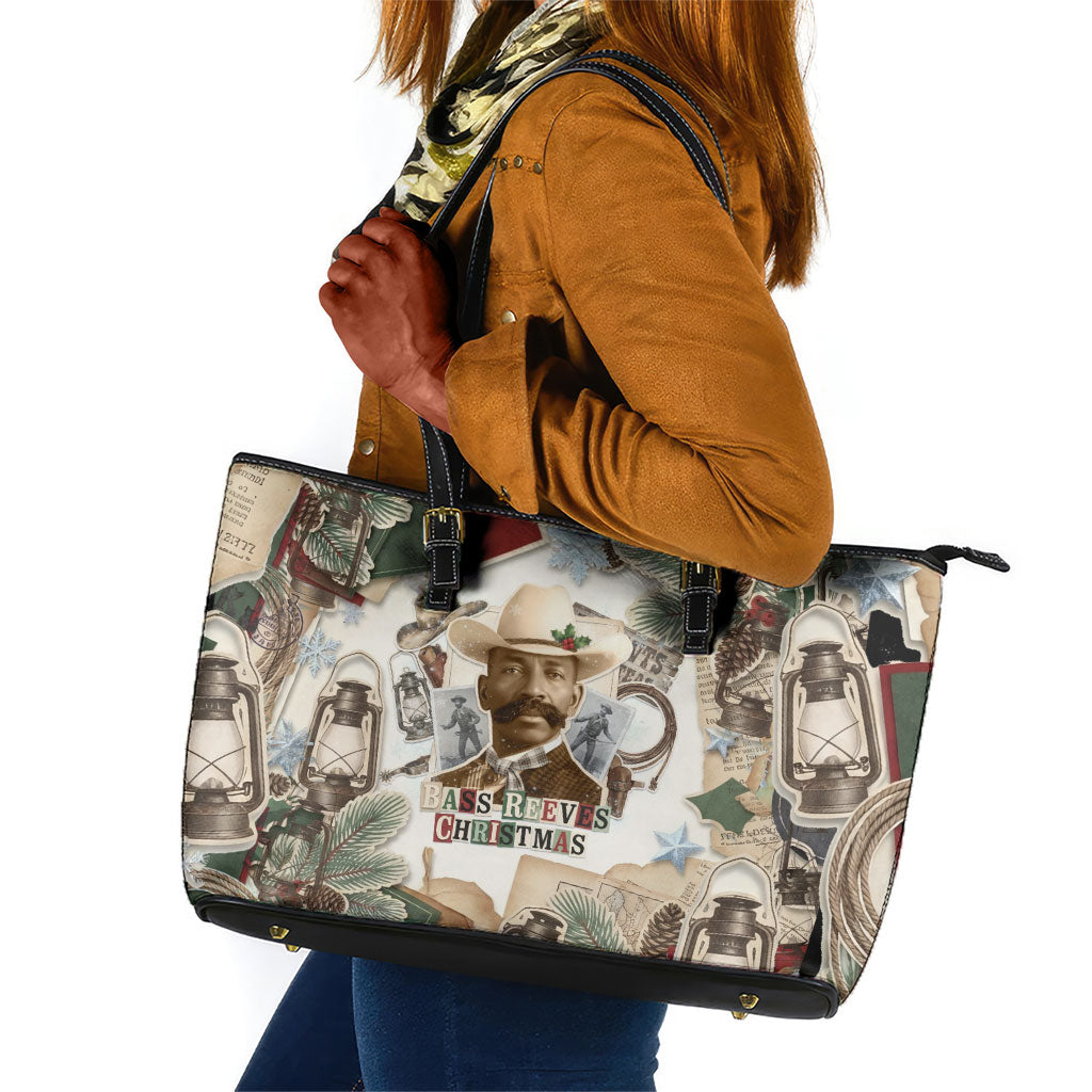 Bass Reeves Christmas Leather Tote Bag Old West Marshal Frontier Collage Vintage