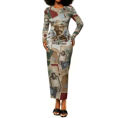 Bass Reeves Christmas Long Sleeve Bodycon Dress Old West Marshal Frontier Collage Vintage