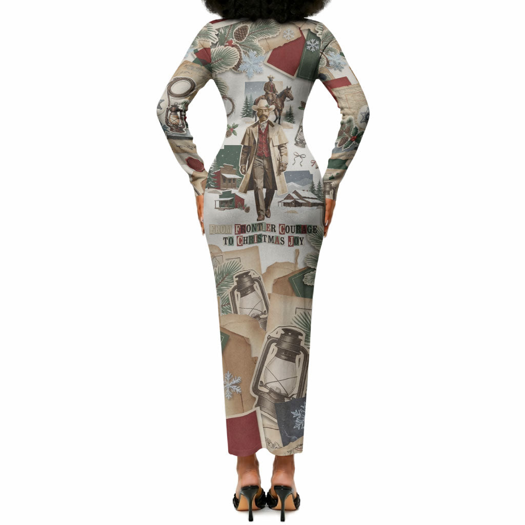 Bass Reeves Christmas Long Sleeve Bodycon Dress Old West Marshal Frontier Collage Vintage