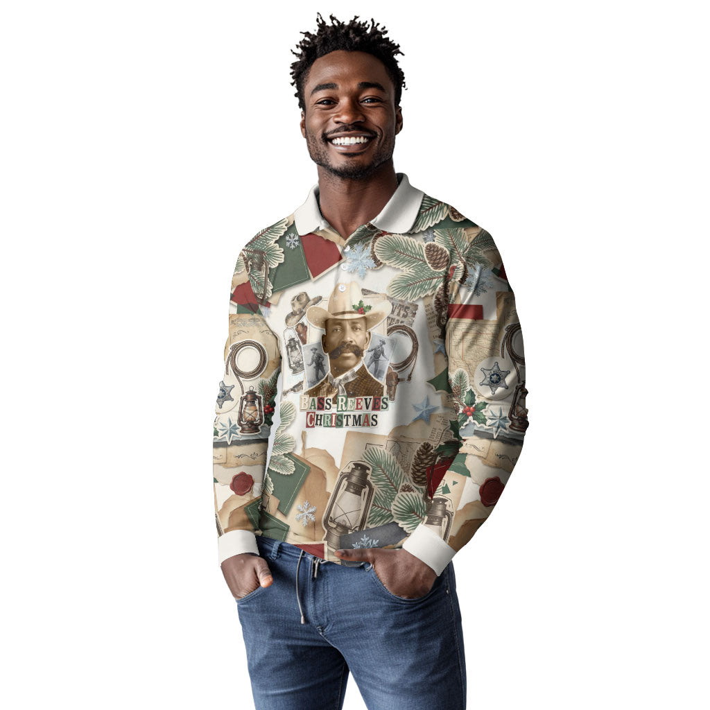 Bass Reeves Christmas Long Sleeve Polo Shirt Old West Marshal Frontier Collage Vintage