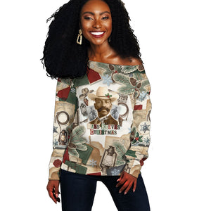 Bass Reeves Christmas Off Shoulder Sweater Old West Marshal Frontier Collage Vintage