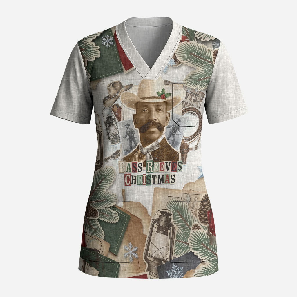 Bass Reeves Christmas Scrub Top Old West Marshal Frontier Collage Vintage