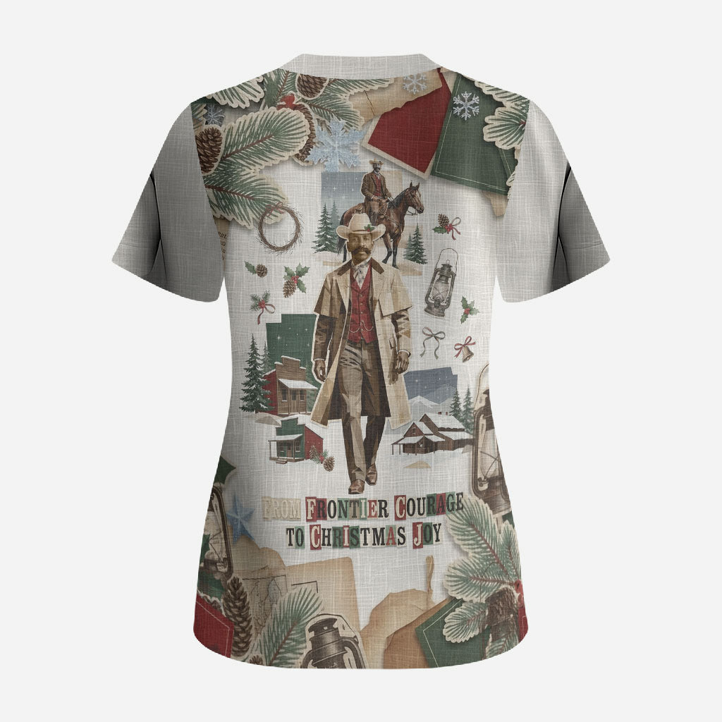 Bass Reeves Christmas Scrub Top Old West Marshal Frontier Collage Vintage