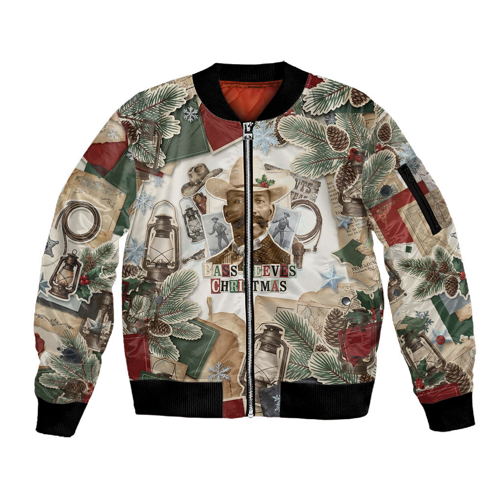 Bass Reeves Christmas Sleeve Zip Bomber Jacket Old West Marshal Frontier Collage Vintage