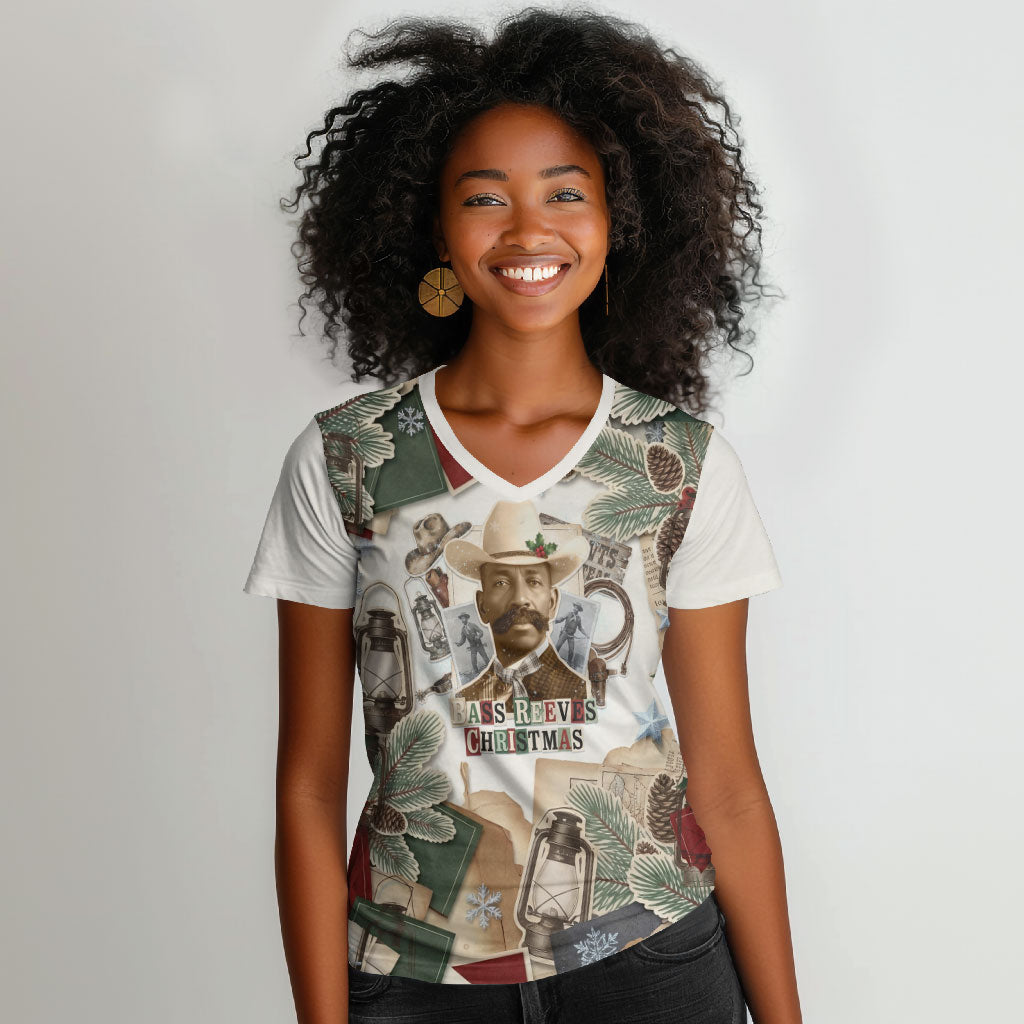 Bass Reeves Christmas Women V-Neck T-Shirt Old West Marshal Frontier Collage Vintage