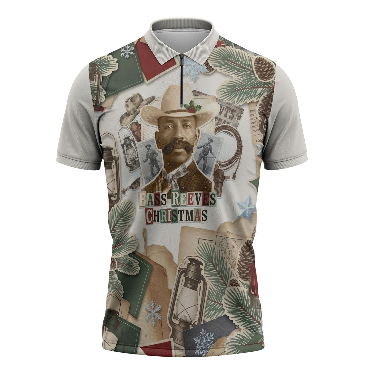Bass Reeves Christmas Zipper Polo Shirt Old West Marshal Frontier Collage Vintage