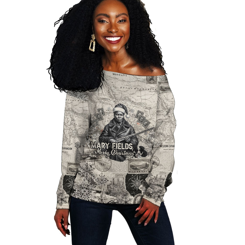 Mary Fields Christmas Off Shoulder Sweater Stagecoach Mary Vintage Western Map Mail Carrier