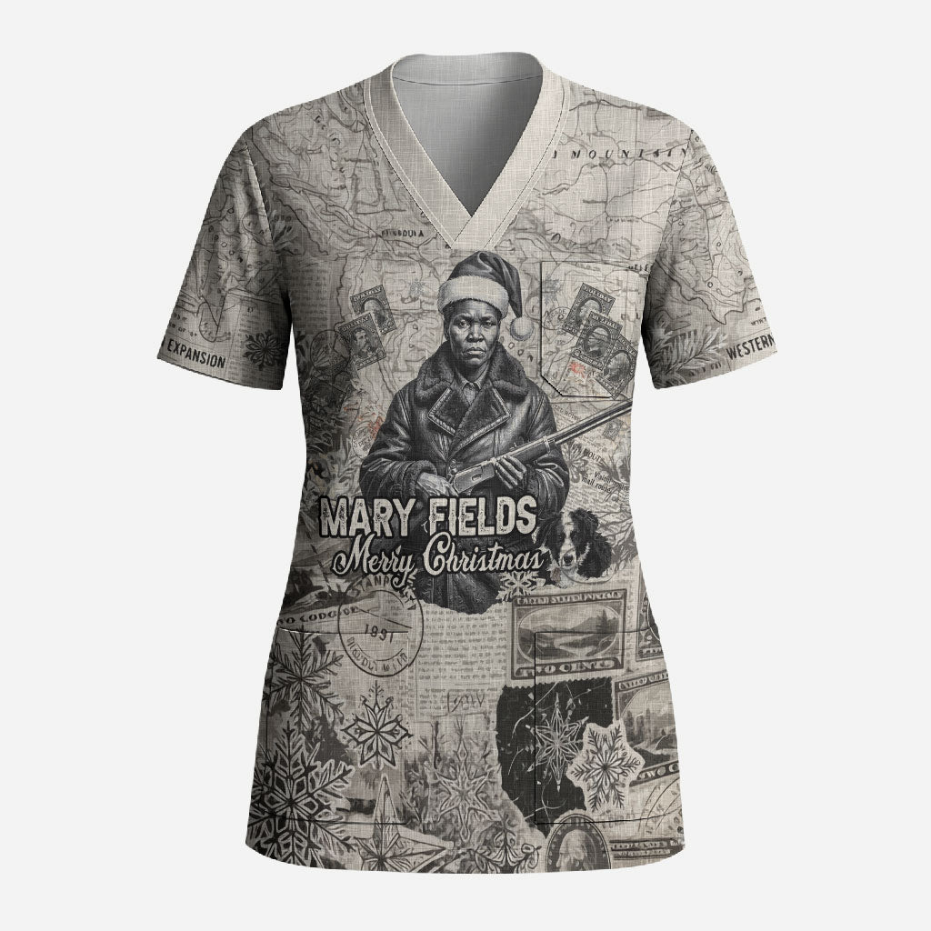 Mary Fields Christmas Scrub Top Stagecoach Mary Vintage Western Map Mail Carrier