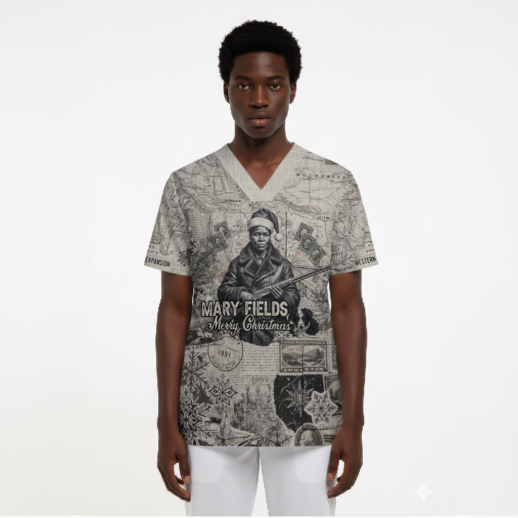 Mary Fields Christmas Scrub Top Stagecoach Mary Vintage Western Map Mail Carrier