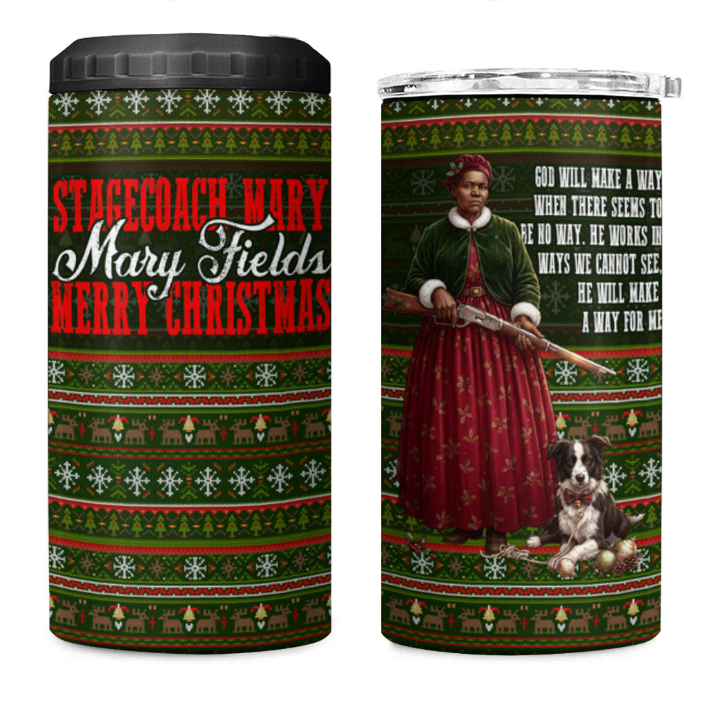 Stagecoach Mary Fields Christmas 4 in 1 Can Cooler Tumbler Old West Pioneer Vintage Holiday Art