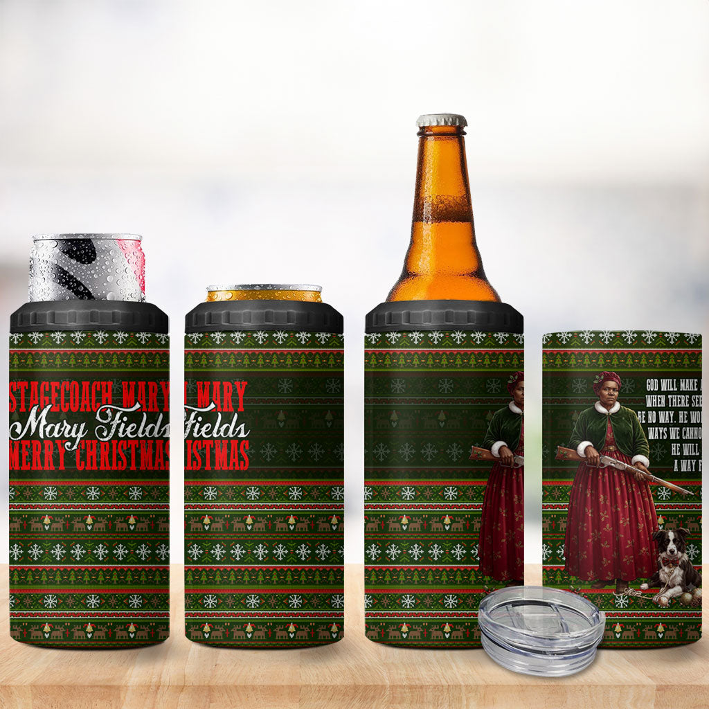 Stagecoach Mary Fields Christmas 4 in 1 Can Cooler Tumbler Old West Pioneer Vintage Holiday Art