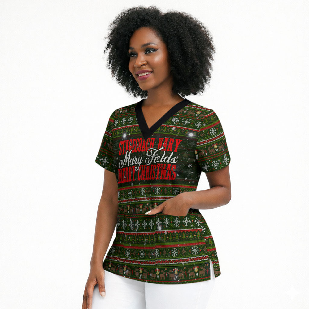 Stagecoach Mary Fields Christmas Scrub Top Old West Pioneer Vintage Holiday Art