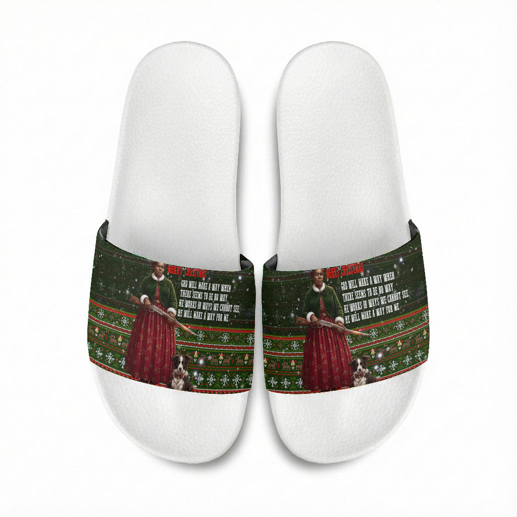 Stagecoach Mary Fields Christmas Slide Sandals Old West Pioneer Vintage Holiday Art