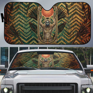 Khepri Auto Sun Shade Ancient Egyptian Chevron, Scarab Ankh and Winged Khepri Guardian Motif - African Pride