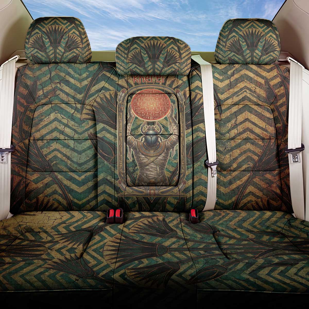 Khepri Back Car Seat Cover Ancient Egyptian Chevron, Scarab Ankh and Winged Khepri Guardian Motif - African Pride