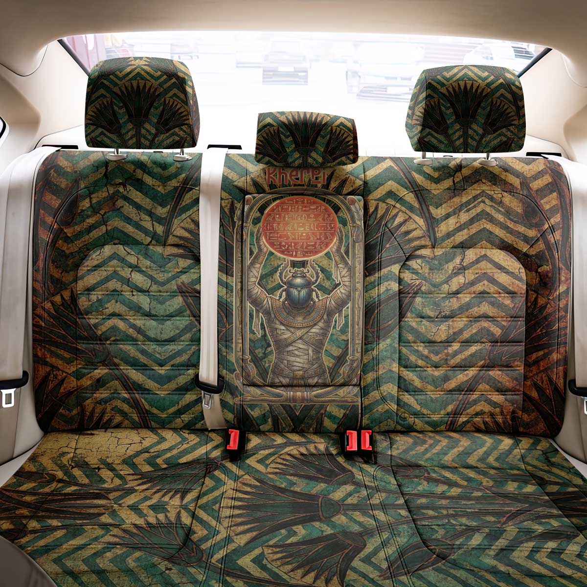 Khepri Back Car Seat Cover Ancient Egyptian Chevron, Scarab Ankh and Winged Khepri Guardian Motif - African Pride