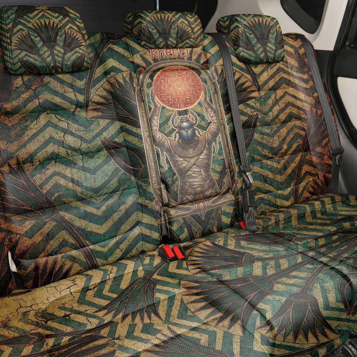 Khepri Back Car Seat Cover Ancient Egyptian Chevron, Scarab Ankh and Winged Khepri Guardian Motif - African Pride