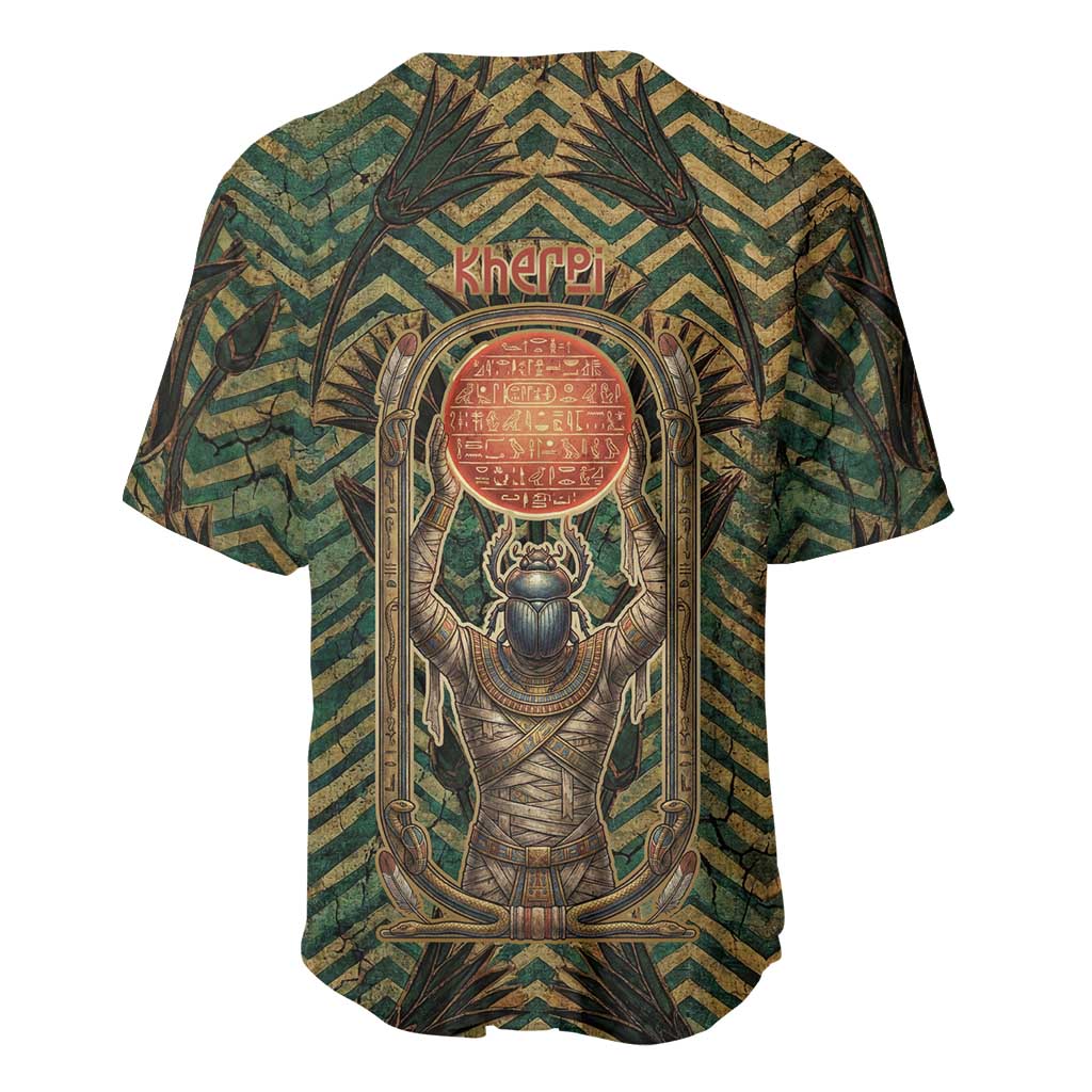 Khepri Baseball Jersey Ancient Egyptian Chevron, Scarab Ankh and Winged Khepri Guardian Motif - African Pride